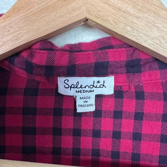 Splendid Women's Medium Fuchsia Pink Check Plaid Long Sleeve Cotton Popover Top - Picture 3 of 7